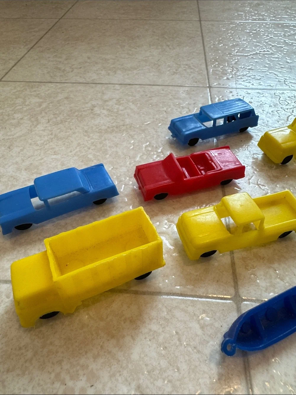Vintage Retro Plastic Toy Vehicles Set - Yellow, Blue, Red, Green